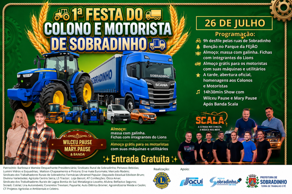 Sobradinho promove 1ª Festa do Colono e Motorista com programação especial no dia 26 de julho